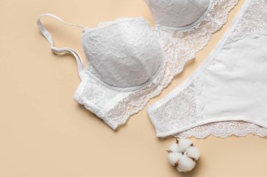 Renkli arka planda zarif kadın iç çamaşırı ve pamuk çiçeği, yakın plan.