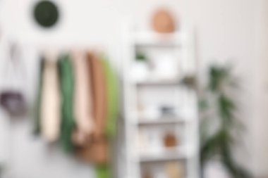 Odanın içinde giysi rafları ve raflar var. Bulanık görünüm