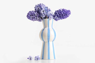 Beyaz arka planda güzel mor sümbül çiçekleri olan vazo.