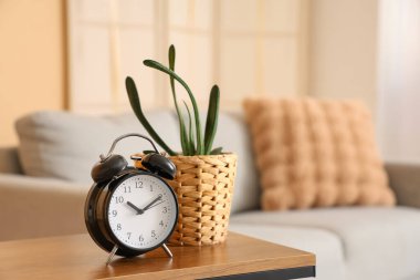 Evdeki masada bitki olan çalar saat.
