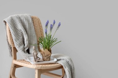 Bej duvarın yanındaki sandalyede Muscari çiçekleri olan sepet.