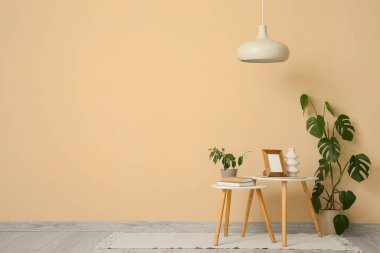 Oturma odasının içindeki bej duvarın yanındaki kahve masaları ve bitkiler.