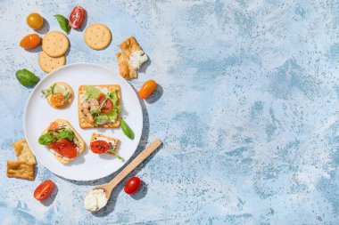 Farklı lezzetli krakerler, peynir, somon, karides ve baharatlar mavi grunge arka planda.