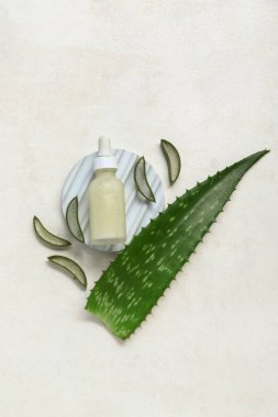 Temel yağ ve alçı şişesiyle taze aloe yaprağı açık arkaplanda duruyor.