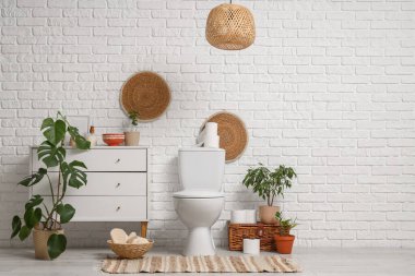 Tuvaletin içinde klozet, çekmeceler ve bitkiler var.