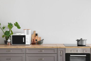 Mutfak gereçleriyle mikrodalga fırın ve tezgahın yanındaki ışık duvarında bitki.