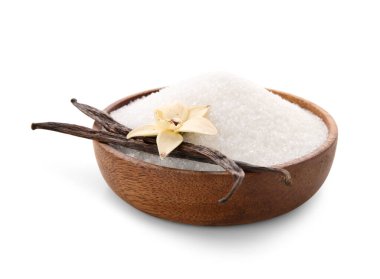 Beyaz arka planda bir kase tatlı vanilya şekeri