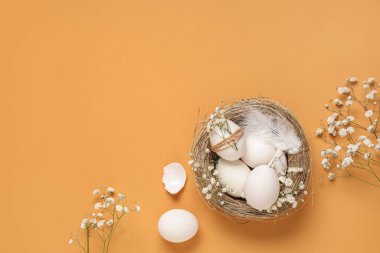 Paskalya yumurtaları, kabuk, tüy ve turuncu arka planda çingene çiçekleri olan yuva.