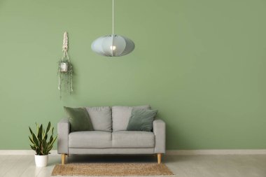 Gri kanepeli şık bir oturma odası, çiçek, halı ve modern asılı lamba.