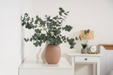 Yatak odasındaki çekmecelerin üzerinde taze okaliptüs dalları olan vazo.