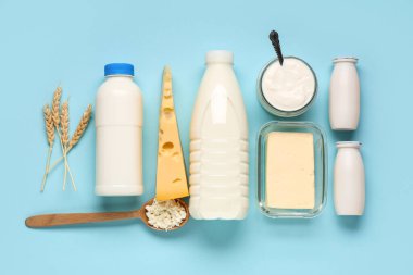 Mavi arka planda buğday dikenli farklı süt ürünleri