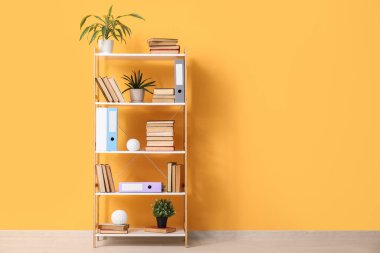 Kitaplı kitaplık ve turuncu duvarın yanında bitkiler.