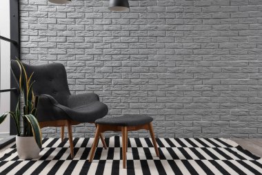 Çizgili halısı, koltuğu ve bitkisi olan oturma odası.