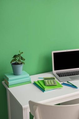 Modern dizüstü bilgisayar, kırtasiye ve ev bitkisi yeşil duvarın yanında.