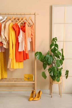 Kadın kıyafetleriyle modern gardıropların şık iç tasarımı.