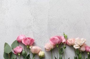 Gri arkaplanda pembe Eustoma çiçekleri olan kompozisyon, yakın plan.