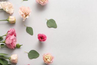 Güzel pembe Eustoma çiçekleri ve beyaz arka planda yaprakları olan kompozisyon