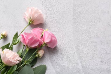 Gri arkaplanda pembe Eustoma çiçekleri olan kompozisyon, yakın plan.