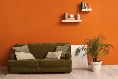 Oturma odasının içinde kanepe, çiçek ve turuncu duvarın yanındaki raflarda kitaplar var.