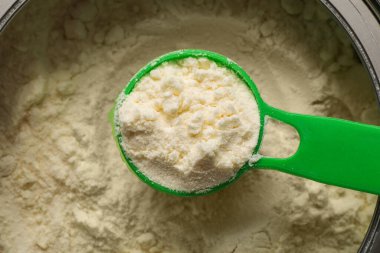 Kavanoz dolusu toz bebek sütü formülü, arka plan olarak kepçe, yakın plan