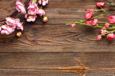 Ahşap zemin üzerinde çiçekler olan kiraz çiçekleri dalları