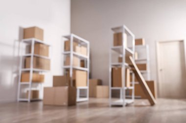 Raf üniteleri, karton kutular ve kapı olan bulanık depo manzarası