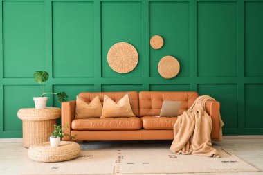 Yeşil duvarın yanındaki şık deri koltukta hasır koltuklar, ev bitkileri ve dizüstü bilgisayarla oturma odasının içinde.