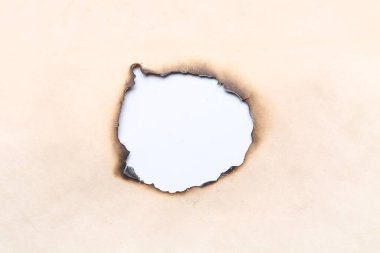 Beyaz arkaplanda eski kağıt sayfasında yanmış delik, yakın plan