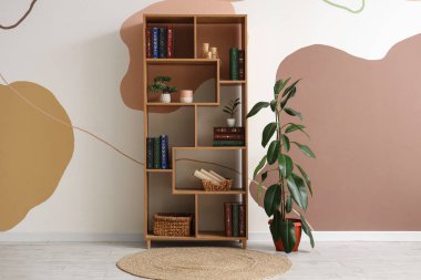 Oturma odasında kitap, dekor ve çiçek rafları var.