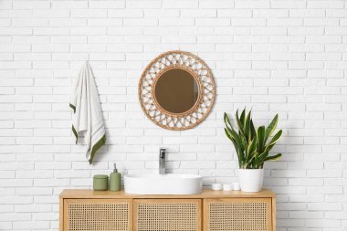 Lavabolu çekmeceler, banyo malzemeleri ve banyodaki Sansevieria bitkisi, yakın çekim.