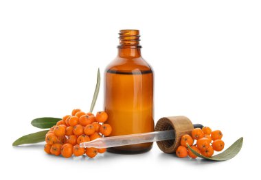 Beyaz arka planda izole edilmiş bir şişe Rowan esaslı yağ ve malzeme.