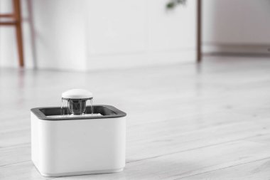 Mutfakta yerde otomatik evcil hayvan çeşmesi, yakın plan.