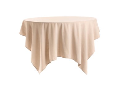 Beyaz arkaplanda şık masa örtüsü olan boş yuvarlak yemek masası