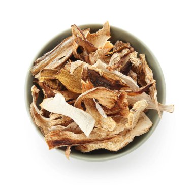 Beyaz arka planda izole edilmiş lezzetli mantarlı kase, yakın plan.