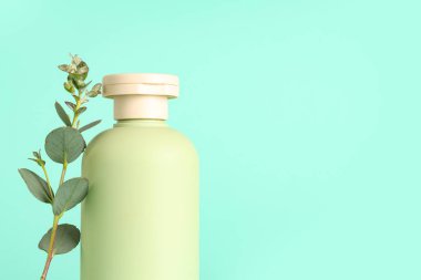 Duş jeli ve turkuaz arka planda yeşil dal içeren kompozisyon, yakın plan.