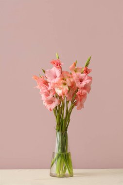 Masanın üzerinde pembe arka planda bir buket güzel gladiolus çiçeği olan cam vazo.