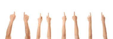 Beyaz arkaplanı işaret eden birçok el