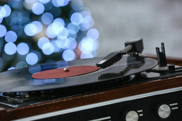 Record Player Against Blurred Christmas Lights Closeup New Decor Stock Photo Record Player Against Blurred Christmas Lights Closeup New Decor Stock Photo