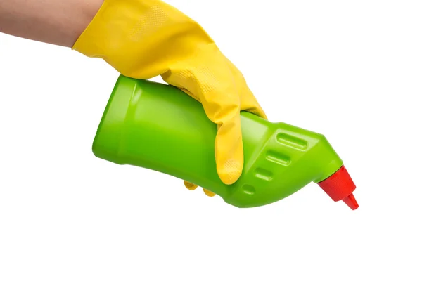 手の洗浄剤を保持している黄色の手袋 — ストック写真