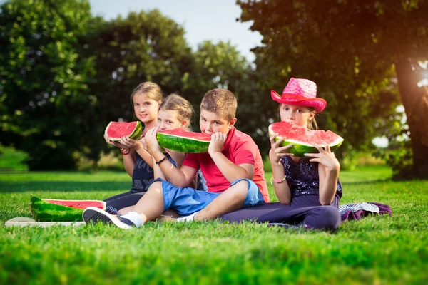 Słodkie dzieci jedzenie arbuza w słoneczny dzień — Zdjęcie stockowe