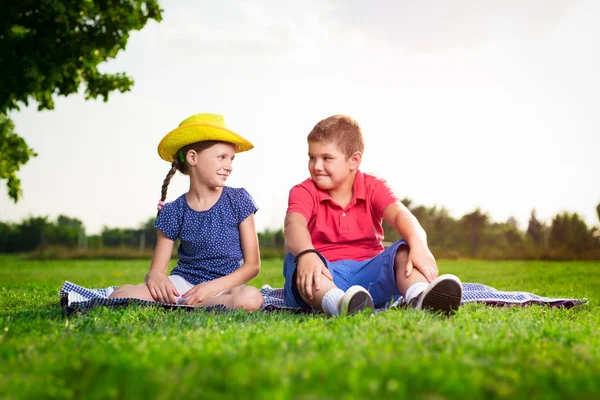 Uma menina e um menino sentado na grama em um dia ensolarado — Fotografia de Stock
