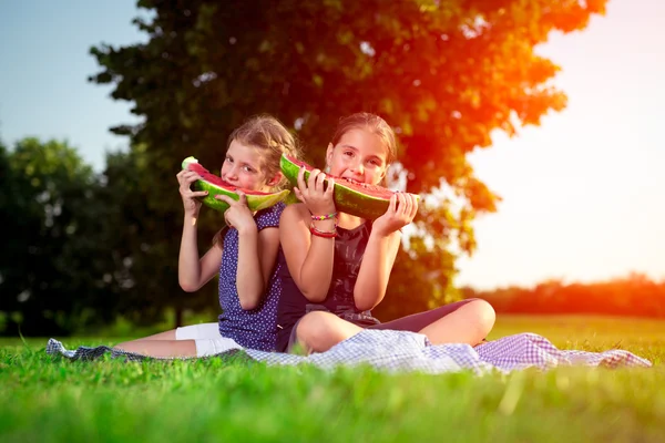 Niedliche Kinder essen Wassermelone an einem sonnigen Tag — Stockfoto