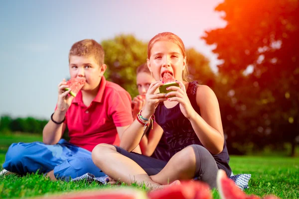Crianças bonitas comendo melancia em um dia ensolarado — Fotografia de Stock