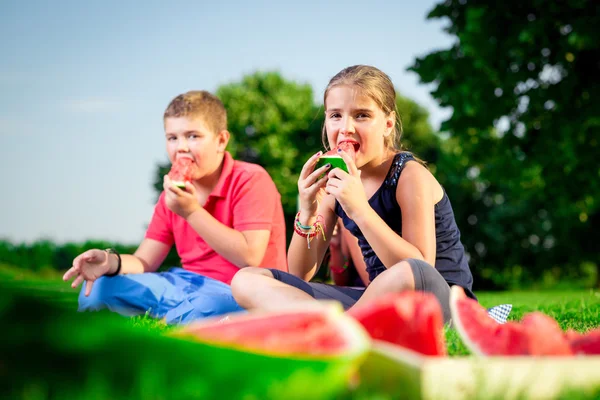 Menino e uma menina comendo melancia em um dia ensolarado — Fotografia de Stock