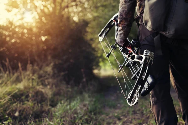 Hunter Dressed Camouflage Clothing Holding Modern Bow — Stock Photo, Image