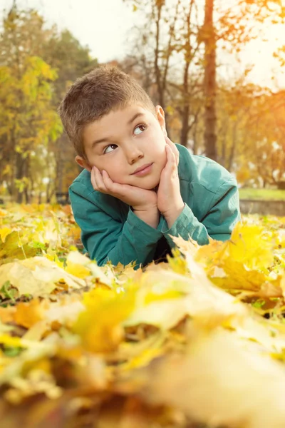 Niño tendido sobre las hojas amarillas en el parque de otoño —  Fotos de Stock