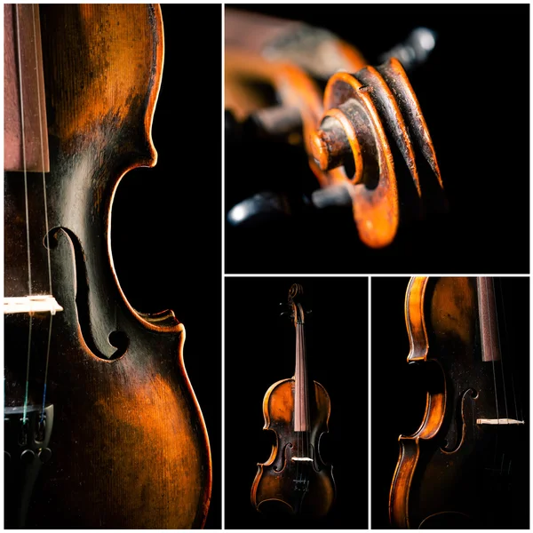 Violino vintage em fundo preto — Fotografia de Stock
