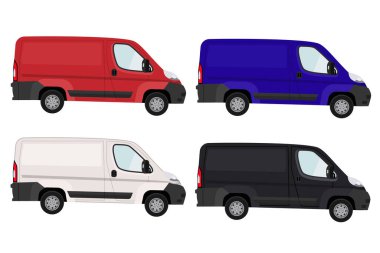 Minivan, mal teslimatı. Farklı renklerde minivan seti. Vektör.