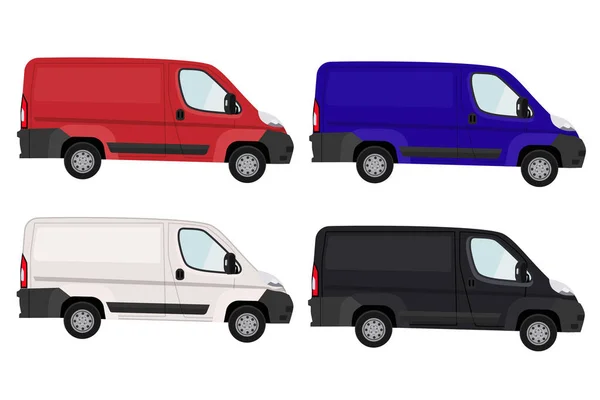 Minivan, mal teslimatı. Farklı renklerde minivan seti. Vektör.