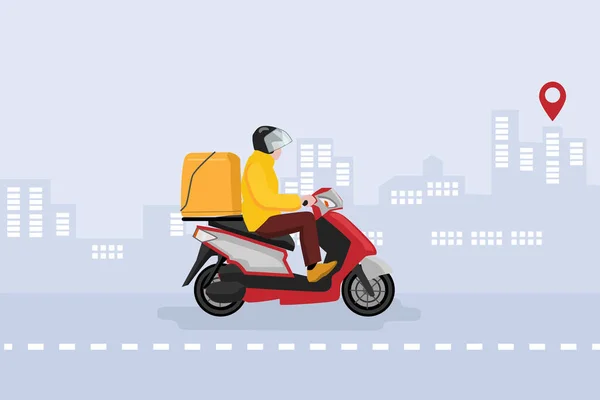 Entrega Bens Alimentos Mensageiro Uma Motocicleta Dirige Através Cidade Para — Vetor de Stock